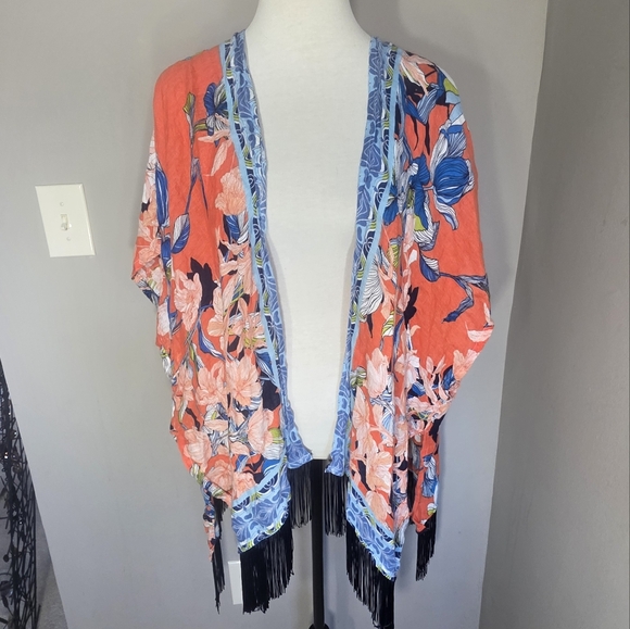 Chico's Floral Kimono Topper Ruana Fringe Orange Blue Black Size Small/Medium - Picture 2 of 16